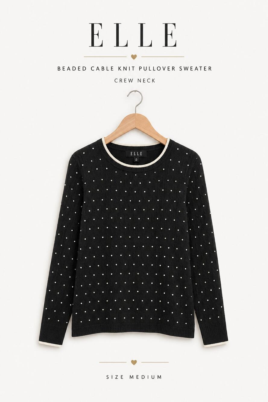 Elle Medium Black Beaded Cable Knit Sweater Crew Neck Lightweight Pullover